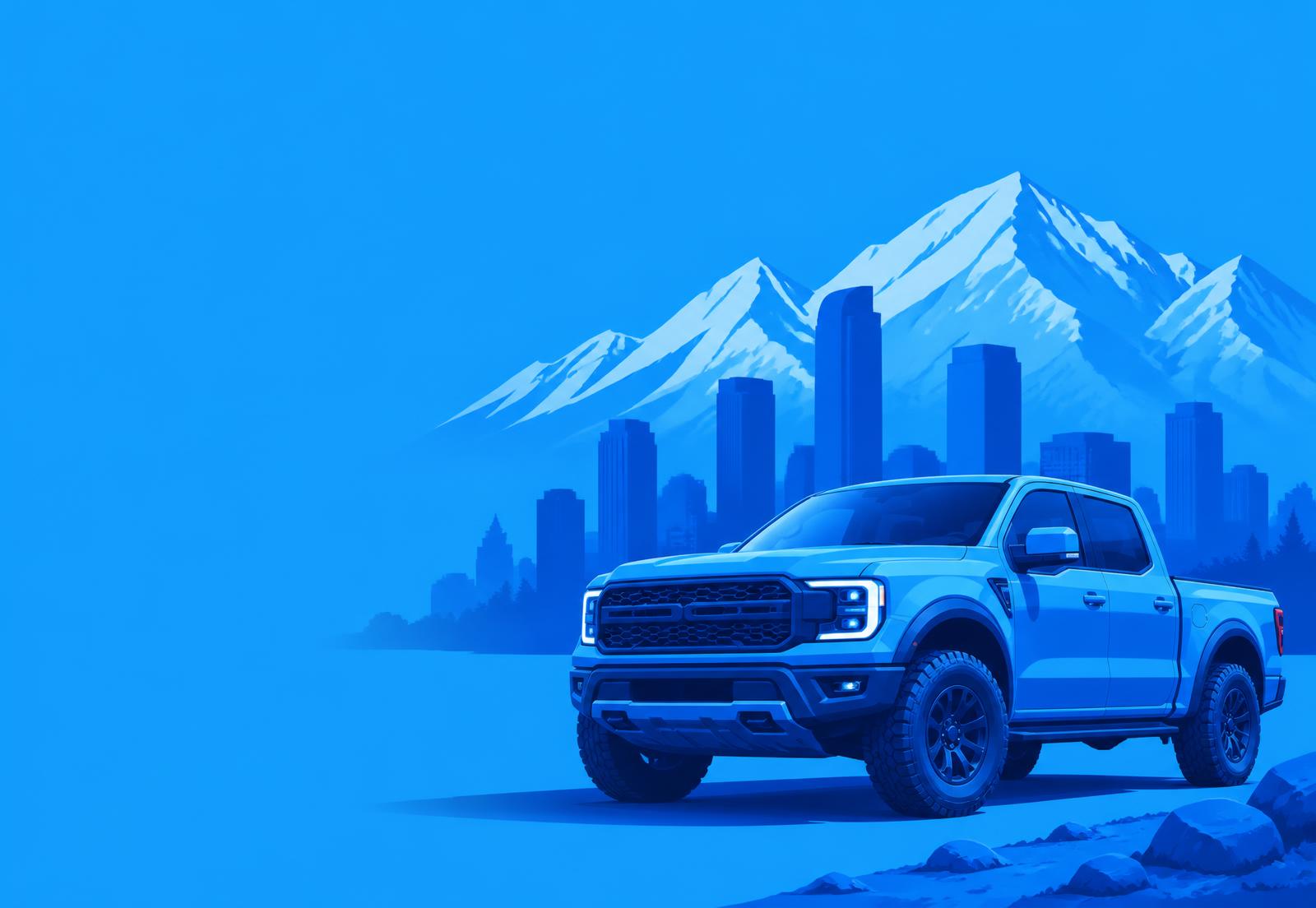 Blue pickup truck repaired by Summit Hail with the Denver skyline behind it